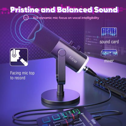 FIFINE XLR AM8 + SC3 Streaming Microfoon en Gaming Audio Mixer, USB Dynamische Microphone Gaming PC voor Podcast Studio, Streaming RGB PC Mixer met XLR Microfoon-Interface