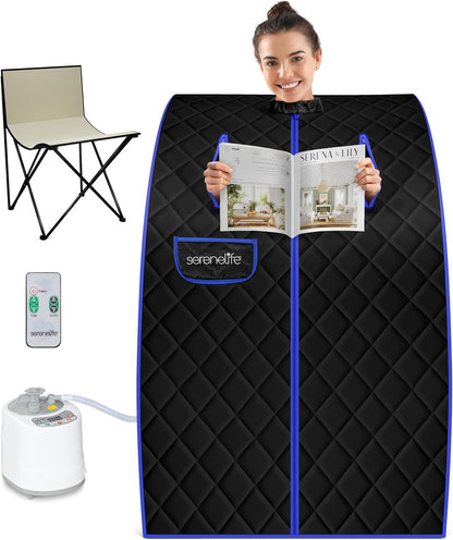 SereneLife Draagbare Sauna -Thuissauna- Stoomsauna Tent met 2L Stomer- Opvouwbare Stoel-Stoomapparaat- Compacte Persoonlijke Detox Sauna- Afstandsbediening - 101 x 86 cm-Zwart