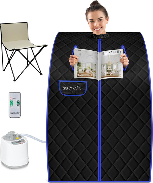 SereneLife Draagbare Sauna -Thuissauna- Stoomsauna Tent met 2L Stomer- Opvouwbare Stoel-Stoomapparaat- Compacte Persoonlijke Detox Sauna- Afstandsbediening - 101 x 86 cm-Zwart