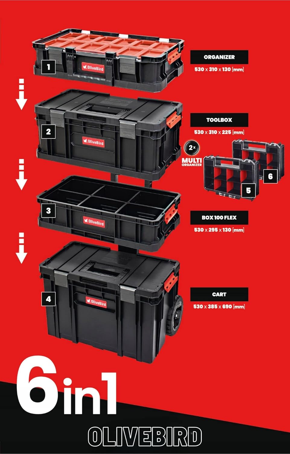 6-in-1 XL assortimentskoffer, werkplaatswagen, rolbox, mobiele werkplaatskoffer, kunststof schuifladen, gereedschapskoffer op wielen