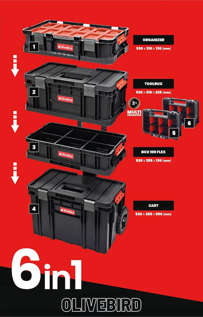 6-in-1 XL assortimentskoffer, werkplaatswagen, rolbox, mobiele werkplaatskoffer, kunststof schuifladen, gereedschapskoffer op wielen