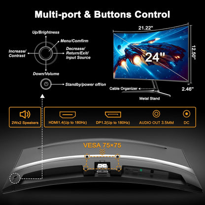 Minifire 24-inch gebogen gamingmonitor 180Hz, ingebouwde luidspreker, FHD 1920x1080, Crosshair 1ms, sRGB130%, HDR, 1500R, FreeSync, 300cd/m², frameloos, HDMI&DP-poorten, VESA-compatibel, oogzorg