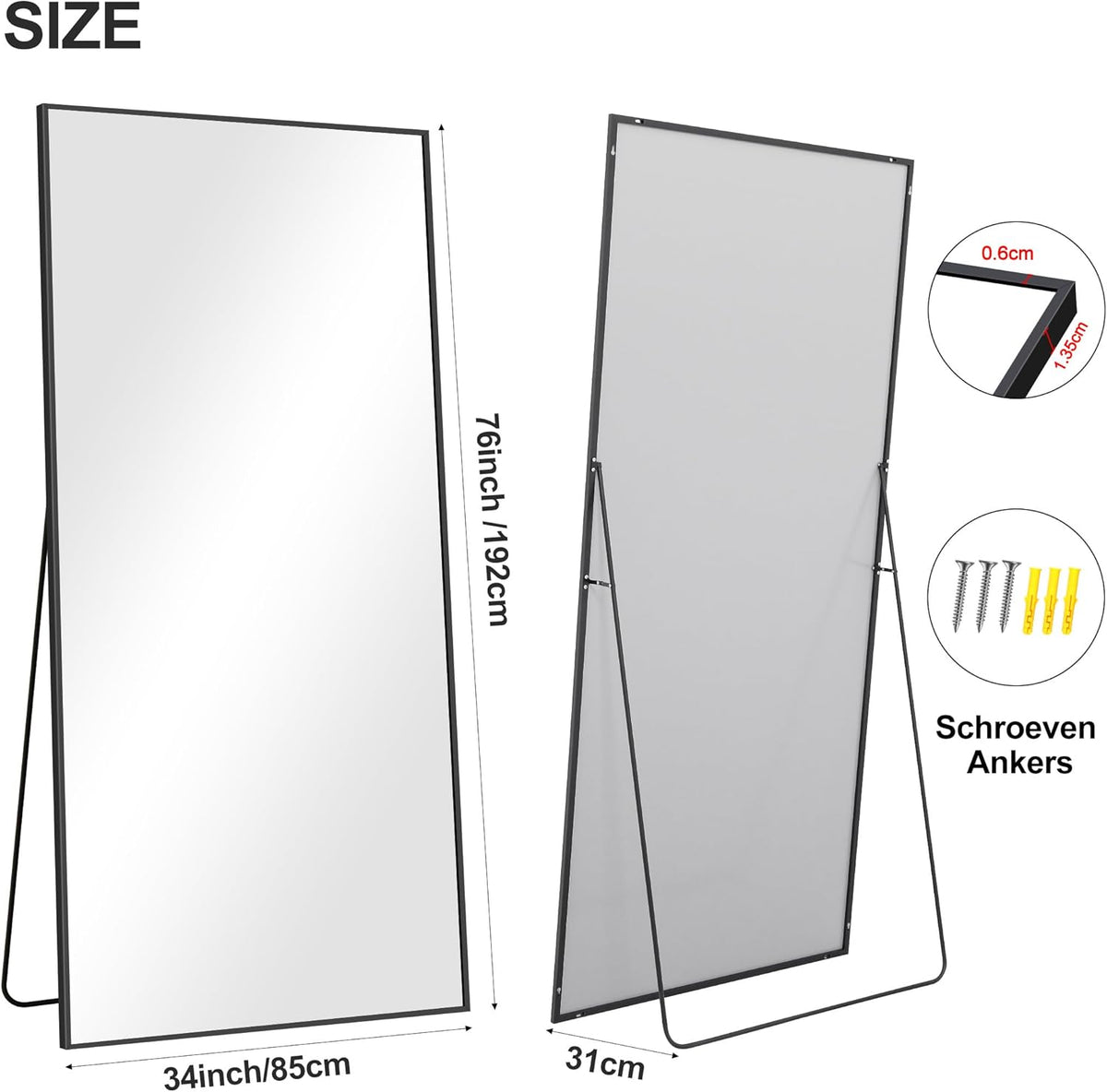 Full-Body Spiegel – Vloerspiegel – Staande Spiegel – Wandspiegel – Grote Spiegel – 192 x 85 cm – Zwart Aluminium Frame