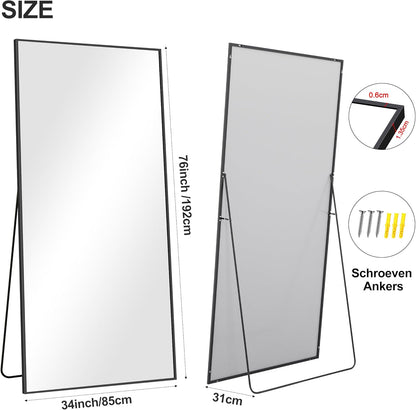 Full-Body Spiegel – Vloerspiegel – Staande Spiegel – Wandspiegel – Grote Spiegel – 192 x 85 cm – Zwart Aluminium Frame