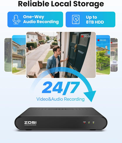 ZOSI 2,5K PoE Bewakingscamera voor Buiten, 8CH 5MP NVR met 2TB HDD, 4X 4MP PoE Dome Camera Bewaking Set met Audio, Persoonsherkenning, 100ft Nachtzicht, C220