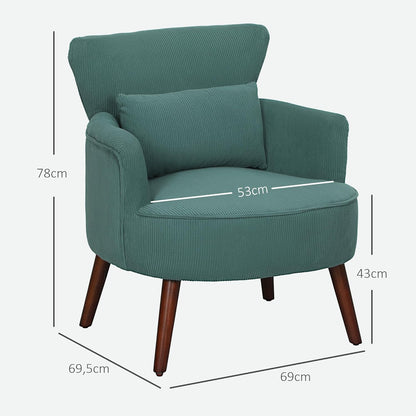 HOMCOM Armrest Lounge Chair Armrests, Upholstered Chair with Cushion, Corduro Armrest Chair Wooden Legs Reading Chair for Living Room, Bedroom, Dark Green - QUORE