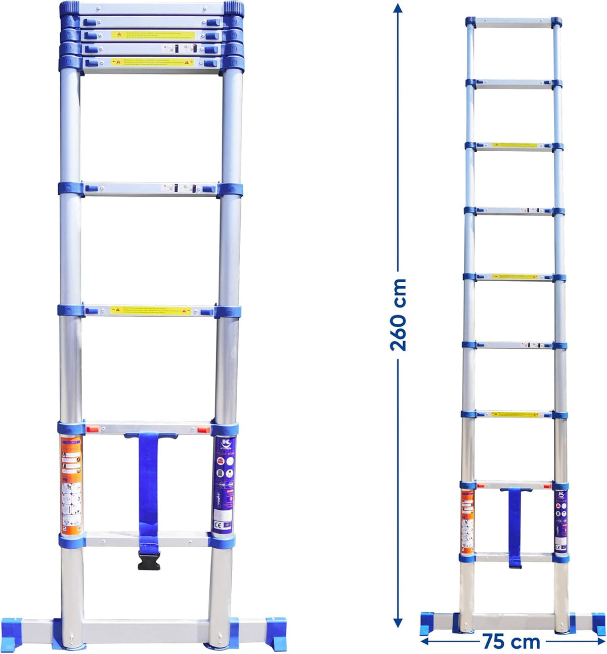 K • Lutech Telescoopladder, inklapbaar, gemaakt van hoogwaardig aluminium, gecertificeerd tot 150 kg, EN131 CE (260 cm)