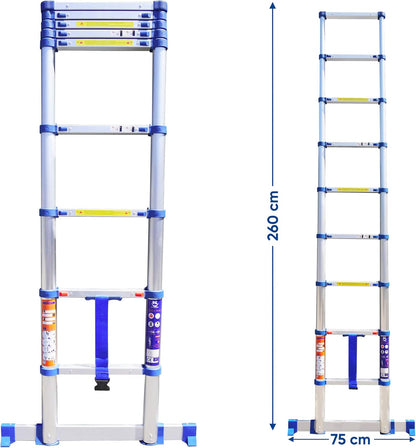 K • Lutech Telescoopladder, inklapbaar, gemaakt van hoogwaardig aluminium, gecertificeerd tot 150 kg, EN131 CE (260 cm)
