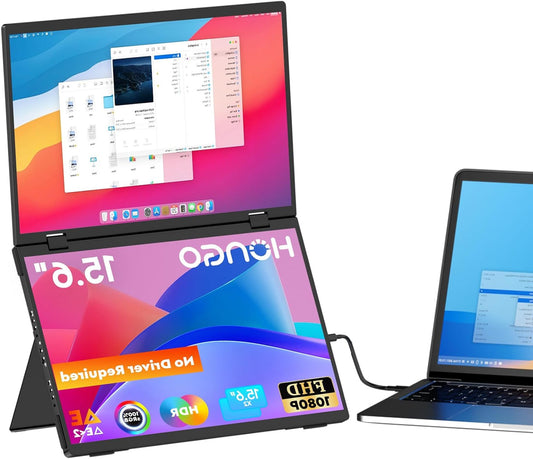 HONGO Portable Monitor for Laptop, 15.6 Inch 1080P FHD Dual Screen IPS, Portable Screen 360°Rotación and USB-C Port, Portable Monitor for Laptop/PC/Mac/PS4/5/X-BO/Teléfono (No Driver) - QUORE