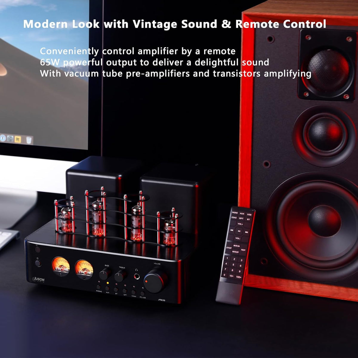 Juson Audio JTA50 Buisversterker Instapniveau Hifi-versterker met BT 5.0, afstandsbediening, AUX, COAX, Phono en USB-ingang, subwoofer uit, 2.1CH voor draaitafel (JTA50)