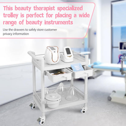 Schoonheidskar Met Wielen – Salonwagen – Werkwagen – Beauty Trolley – Kapperswagen – Voor Vacuümtherapiemachine – 2 Niveaus, 2 Grote Laden En Verwijderbare Emmer – ABS, 150 Kg Draagvermogen