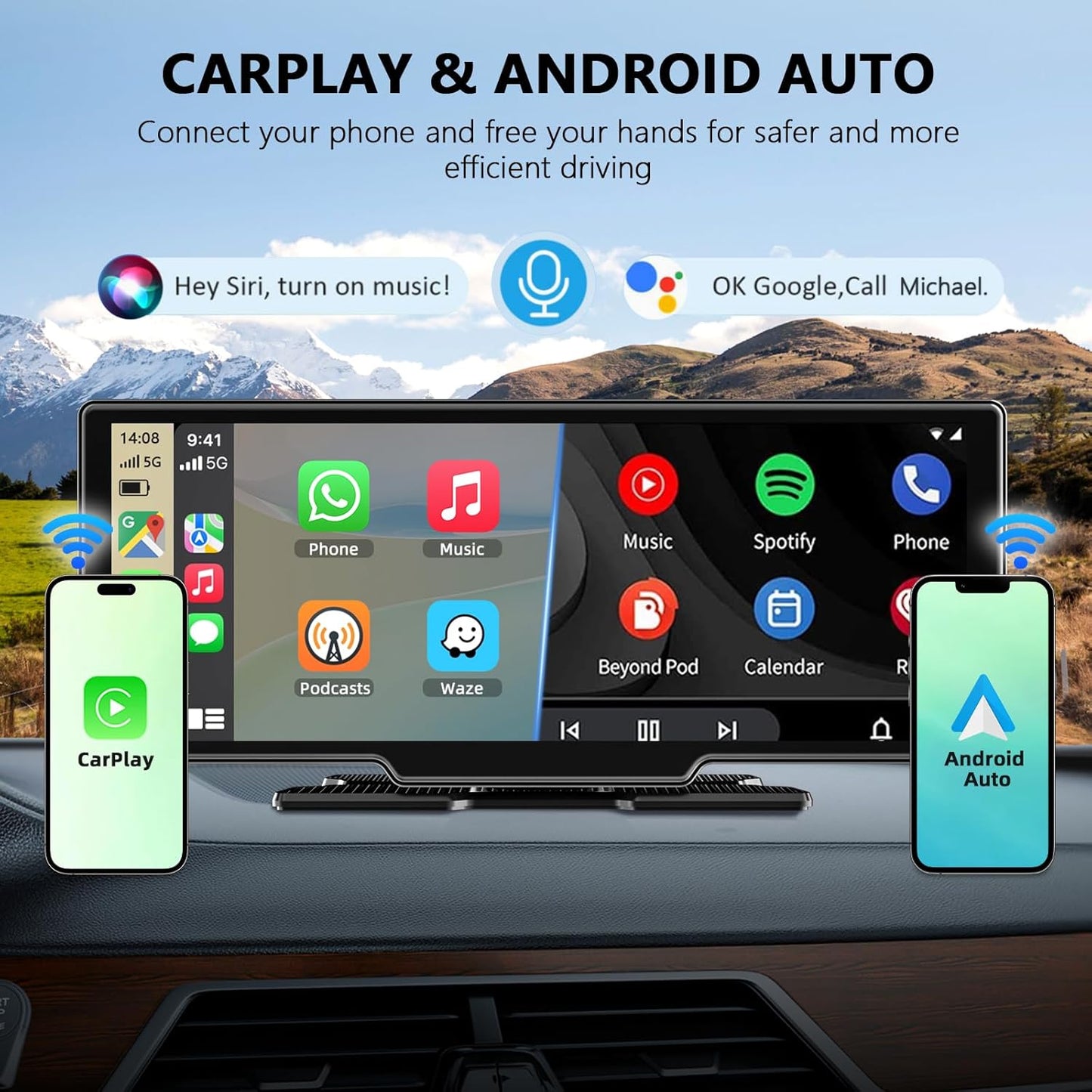 10,26 Inch Wireless Carplay Screen voor Car Play en Android Auto, Draadloze Autoradio met 4K Dashcam/1080P HD Achteruitrijcamera/Bluetooth/FM/AUX/64G TF/Mirror Link/Spraakbesturing/GPS-Navigatie