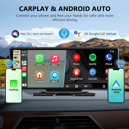 10,26 Inch Wireless Carplay Screen voor Car Play en Android Auto, Draadloze Autoradio met 4K Dashcam/1080P HD Achteruitrijcamera/Bluetooth/FM/AUX/64G TF/Mirror Link/Spraakbesturing/GPS-Navigatie