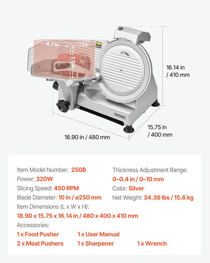 VEVOR Commerciële Vleessnijder, 25,4 cm (10 inch), 320 W voedselsnijder met SUS420-lemmet, instelbare dikte van 0 tot 10 mm, voor bevroren vlees, ham