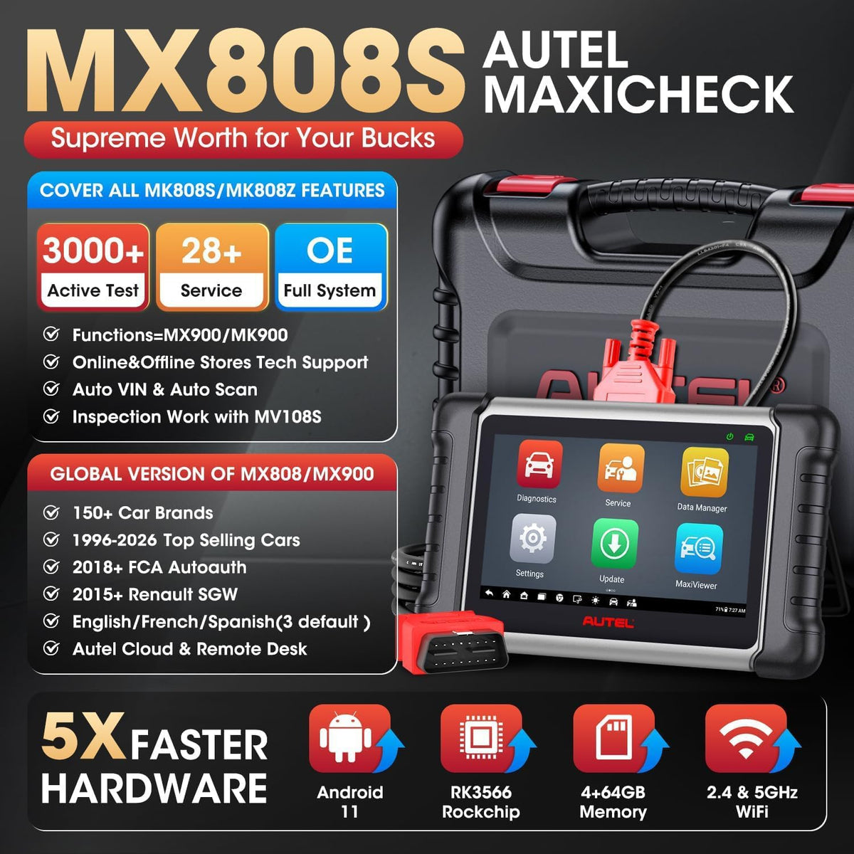 Autel MaxiCheck MX808S: 2024 Bidirectionele Tool zoals MK808S MK808BT Pro MK808K-BT, Functie zoals MaxCOM MK900, 28+ Service, Real Active Test, Scan All OE System, Injector Codierung, Android 11