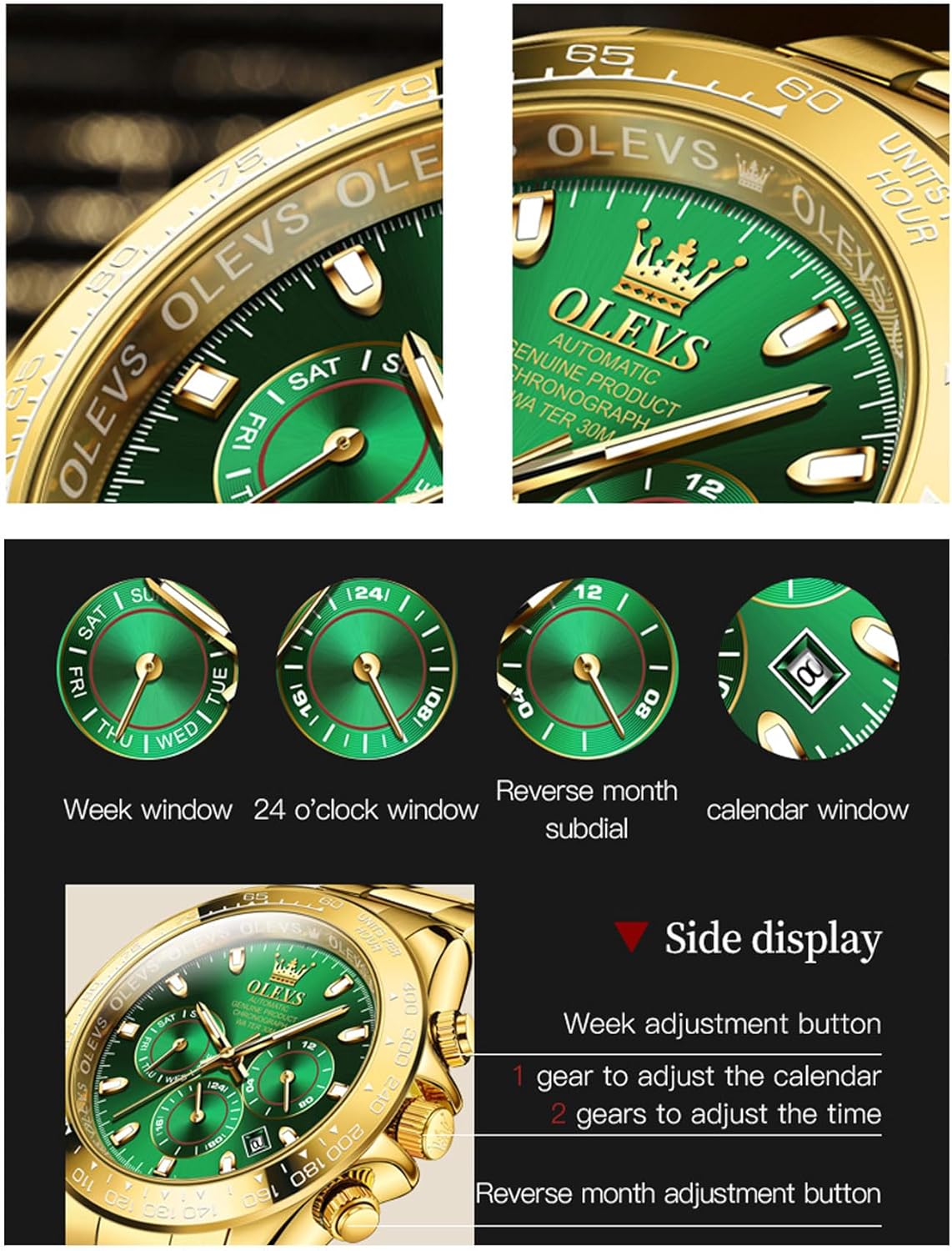 OLEVS Automatische herenhorlogemachine, timing, bezel mechanisch horloge, waterdicht en lichtgevend kalenderweek, roestvrijstalen precisieband