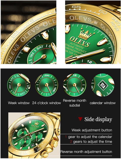 OLEVS Automatische herenhorlogemachine, timing, bezel mechanisch horloge, waterdicht en lichtgevend kalenderweek, roestvrijstalen precisieband