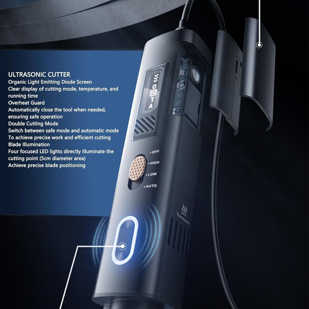 2-in-1 ultrasone snijder, 35w handheld, lichtgewicht, ultrasoon mes, met 50 messen en OLED-display, geschikt voor 3D-printmodellen van kunststof, hout, hars, polyethyleen en leer