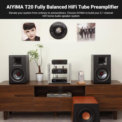 AIYIMA T20 volledig gebalanceerde buizenvoorversterker LME49720 voor HiFi Home audio mini-buizenvoorversterker met RCA- en XLR-ingangen & -uitgangen &12V-triggeruitgang (DC12V 2A voedingsadapter)