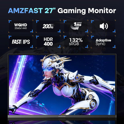Amzfast 27 inch gaming display QHD 2560 x 1440 200 Hz, Fast IPS scherm, sRGB 132%, HDR 450cd/m², geïntegreerde luidsprekers, 1MS MPRT, VESA 100X100, HDMI 2.0/DP 1.4 - AMZG27F5Q