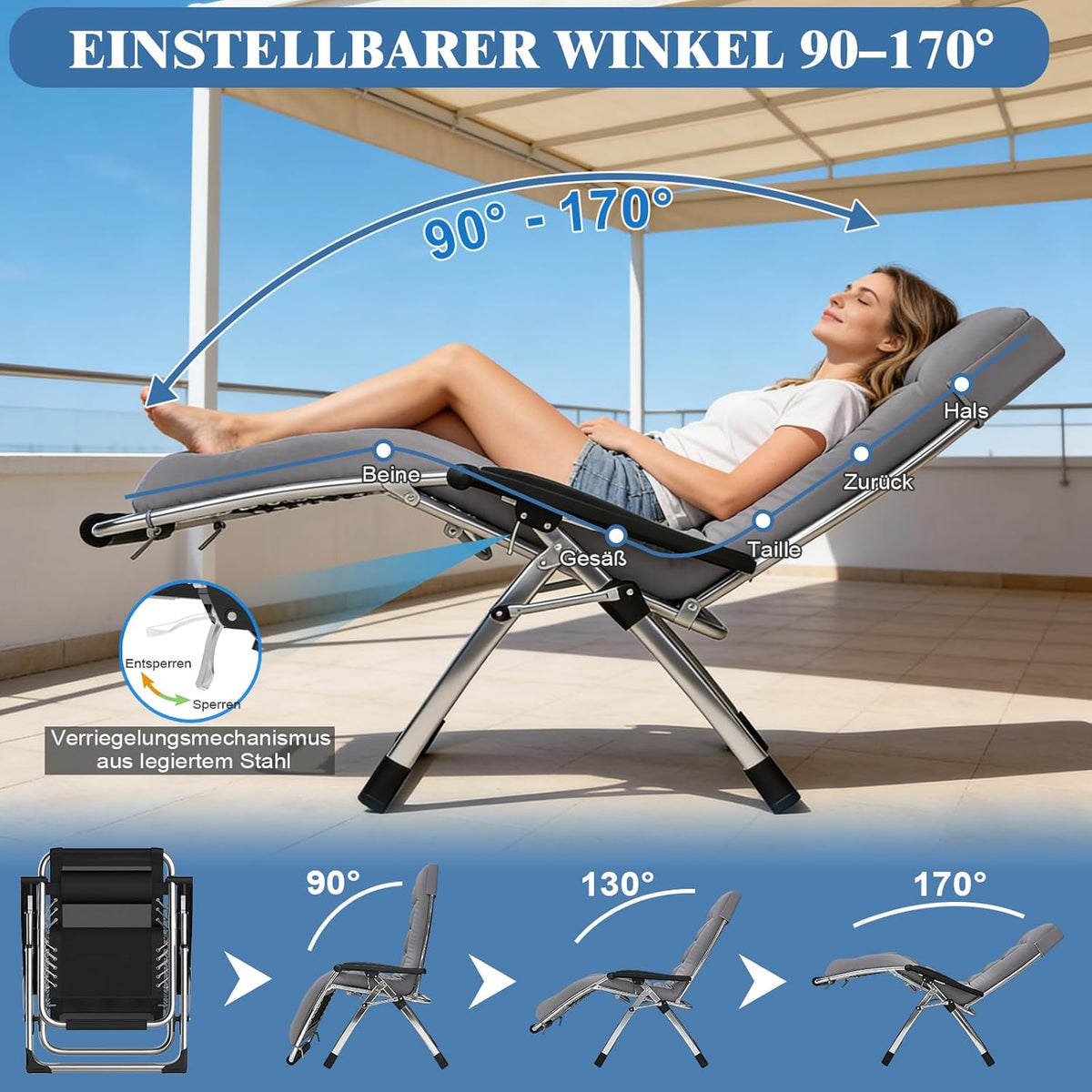 Fiutazge 83 cm, ultrabreed, zonnebed, inklapbaar, met kussen, bekerhouder en hoofdkussen, tuinligstoel met verstelbare rugleuning, ademend, voor zwembad, tuin, terras, grijs
