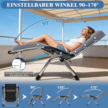 Fiutazge 83 cm, ultrabreed, zonnebed, inklapbaar, met kussen, bekerhouder en hoofdkussen, tuinligstoel met verstelbare rugleuning, ademend, voor zwembad, tuin, terras, grijs
