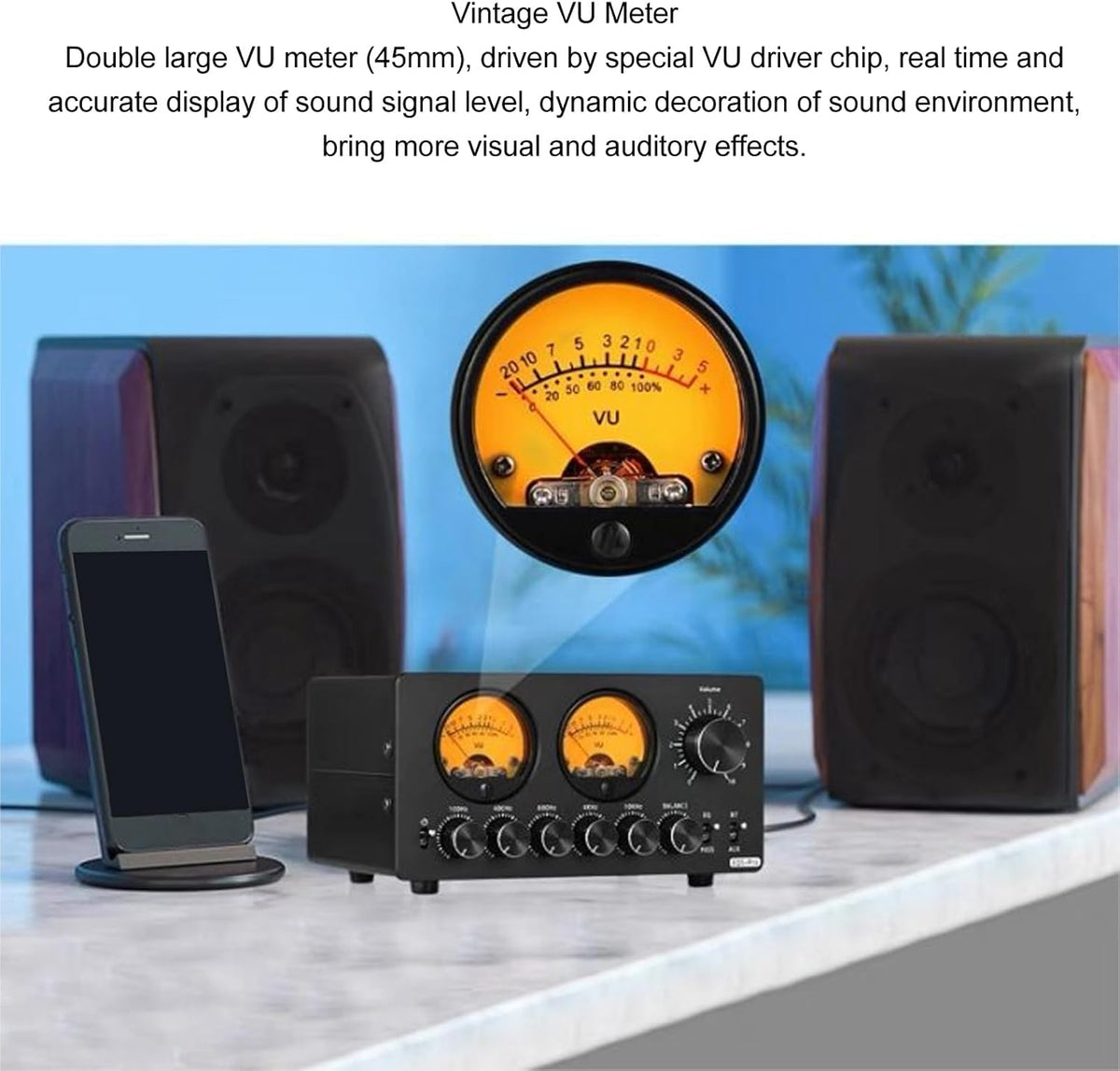Fafeicy Audio 5 Band Equalizer, 5,0 EQ Voorversterker Gelijkmaker met Vintage VU -meter voor Thuisstereo, Computerluidsprekers, Versterkers