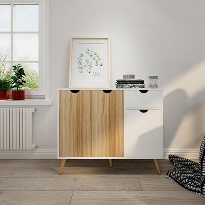 Mondeer Commode, dressoir hout met 1 lade en 3 deuren voor woonkamer slaapkamer hal, wit en natuur 90 x 30 x 73 cm