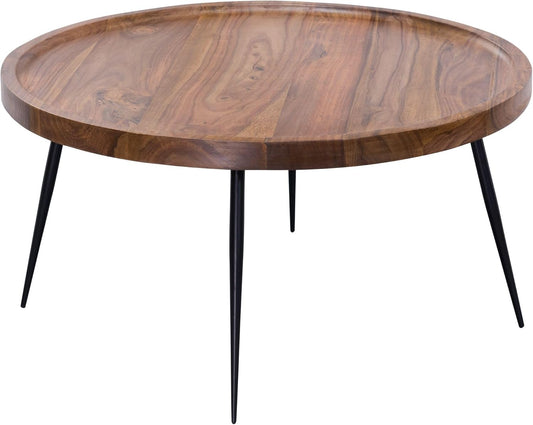 FineBuy Coffee Table Solid Sheesham Wood and Metal 75 x 39 x 75 cm Coffee Table Brown and Black | Round Table Living Room Modern | Wooden Table Side Table - QUORE