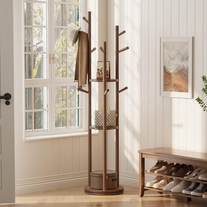 AQIMUELE Kapstok, kledingstandaard, massief hout, draaibare jasstandaard met 3 legplanken en 9 haken, voor hal, slaapkamer (walnoot)