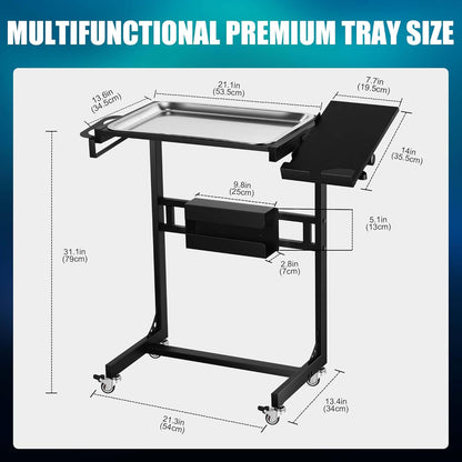 POARMEEY Roestvrij staal Tattoo Tray Winkelwagen op wielen, Service Rolling Tray met Extension Draaibare Tafelstandaard, Tattoo Opslag Utility Tray voor Salon Spa Tandheelkundig Gebruik