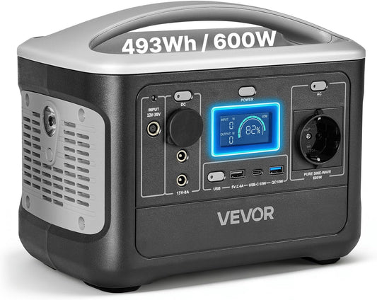VEVOR Draagbaar powerstation, 600 W, LifePO4-accu, 493 WH, met 7 uitgangen, voor thuis, camping, reizen in de camper, zonnepaneel niet inbegrepen