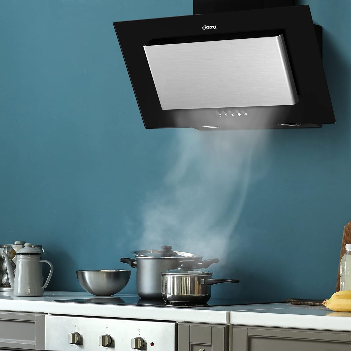 CIARRA CBCB6736D Ef­fi­zi­ENZ A Kopffreie Schräghaube 60cm 350m³/h mit CBCF002X2 Kohlefilter Abluft Umluft 3 Stufen Dunstabzugshaube Wandabzugshaube, Silber [Energieklasse A]