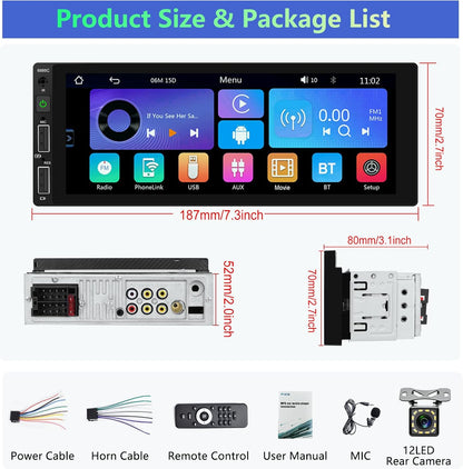 Podofo 1 Din car radio for Apple Carplay Wired Bluetooth Android Auto, 6.86 inch with display Car radio with screen Supports FM mirror jack, rear view camera and microphone - QUORE