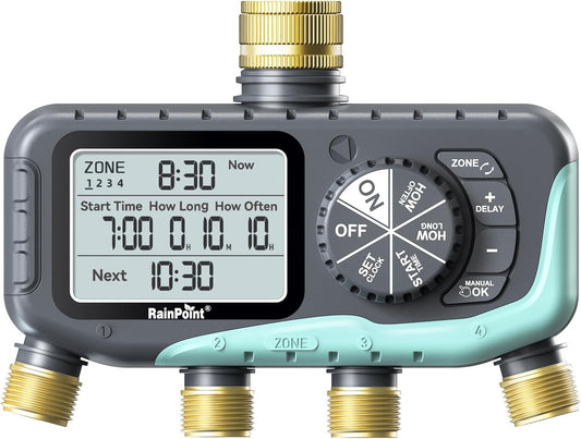 RAINPOINT Irrigatiecomputer, 4 uitgangen, IP65 waterdichte watertimer met messing-in- en -uitlaat, regenvertraging/handmatige irrigatie, automatische irrigatie voor gazon en tuin