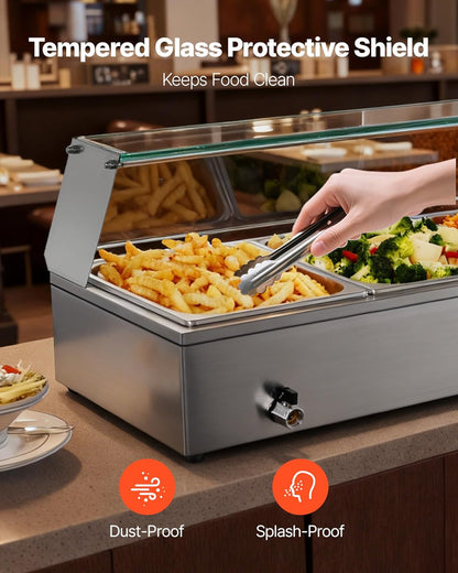 Voedselwarmer – Elektrische Warmer – Buffetverwarmer – Warmhoudpan – Stoomtafel – Roestvrij Staal – 1500 W – 3 Containers met Glazen Deksel
