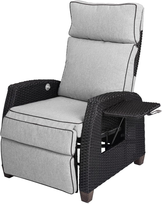 Grand patio Sun lounger with cushion, armrests, aluminium frame, adjustable backrest, rattan, indoor and outdoor use, cream cushion and grey rattan - QUORE