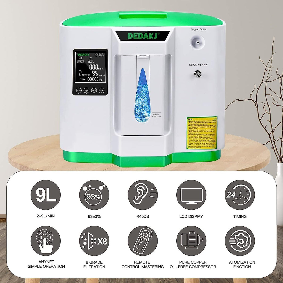 DEDAKJ Zuurstofconcentrator 2-9L/min Regelbare Stroom, Zuurstofconcentraat 93% Hoge Concentratie Vernevelingsfunctie, Zuurstofmachine Geschikt voor Reizen Thuis en Kantoor Gebruik