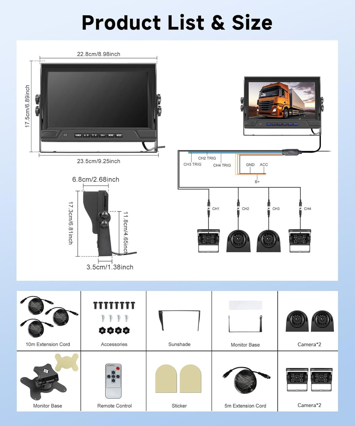 Rear View Camera 4 Cameras Set, 9 Inch Monitor 4 Split Screen, Rear View Camera IP68 Waterproof, Night Vision, DVR, Loop Video, Inversion Aid, for Truck/Bus/Motorhome/Trailer with 35 Meters - QUORE