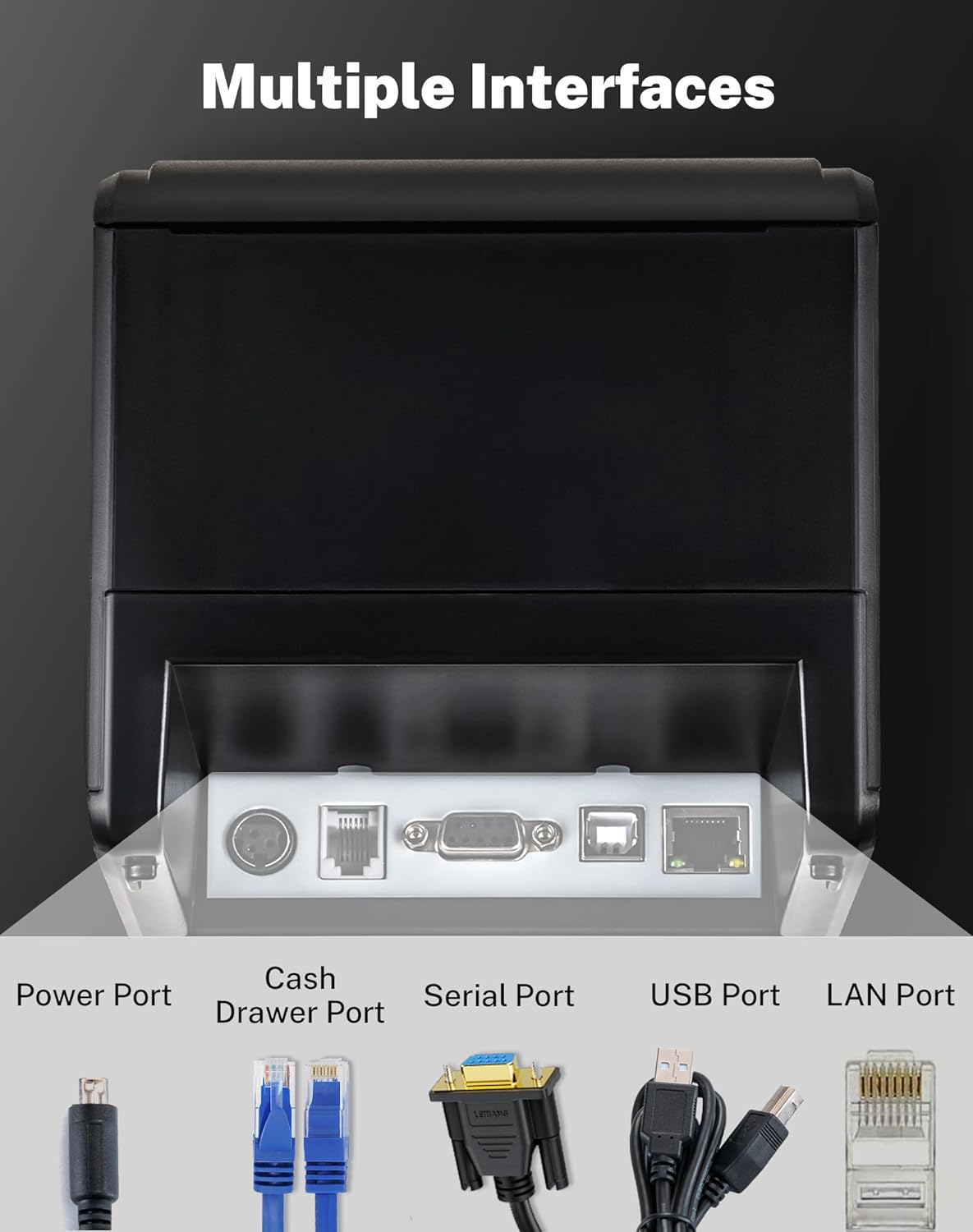 Thermoprinter, bondrukcer, 80 mm, thermische directe printer met USB-seriële LAN-poort, auto-cut lade, POS-printer, compatibel met ESC/POS Mac Windows Linux - V330M