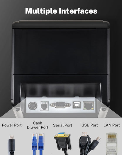 Thermoprinter, bondrukcer, 80 mm, thermische directe printer met USB-seriële LAN-poort, auto-cut lade, POS-printer, compatibel met ESC/POS Mac Windows Linux - V330M