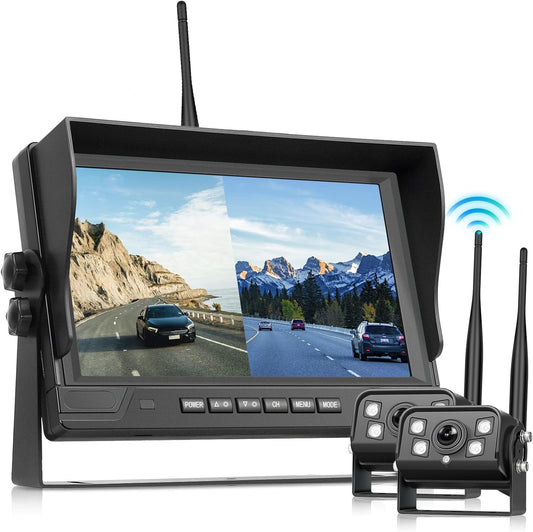 Podofo 2 draadloze achteruitrijcameraset met 9-inch IPS-scherm, HD-achteruitrijcamera's voor vrachtwagens, trailers, campers, bussen, loopopname, IP68 waterdichte BSD-dashcam