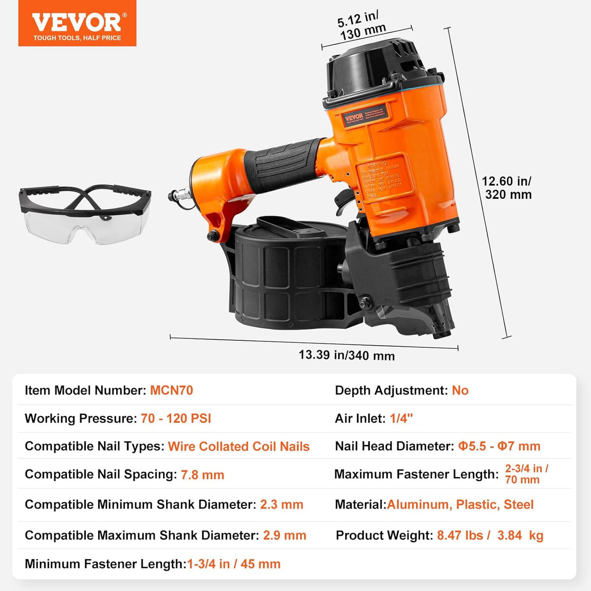 VEVOR Pneumatic Roller Nailer 45-70 mm Pneumatic Spool Nailer 15° MCN70 70-120 PSI Nail Head Φ5.5 - Φ7 mm Nail Gun for Pallets, Crates, Frames Cladding Fences