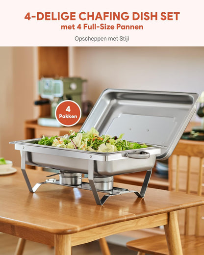 VONLUCE Chafing Dish Voedselverwarming, 9 l, 4 stuks roestvrijstalen warmtetank voor warmtetrank, roestvrijstalen buffetset, voor catering, buffet en feesten (zilver)