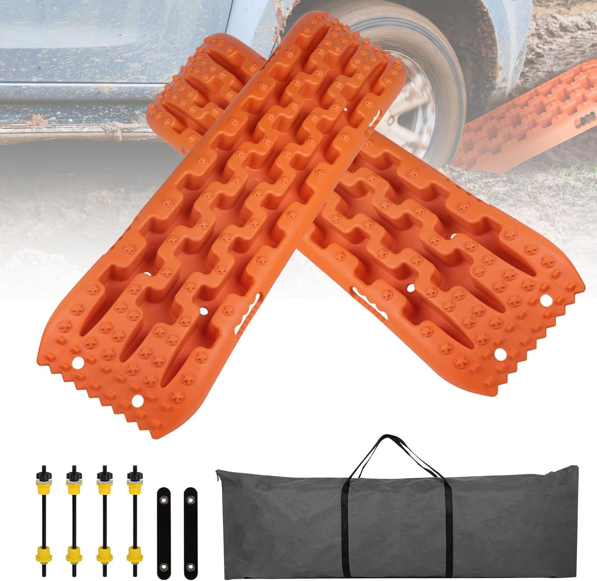 Zandplaten - Bandenladder - Autoaanhanger - Set van 2 - Tractiemat - Gripmat - Offroad-Accessoires - Recovery Board - Tractiehulp - Oprijwiggen - voor Zand - Modder - Sneeuw - 103 x 27 x 5,5 cm - Oranje