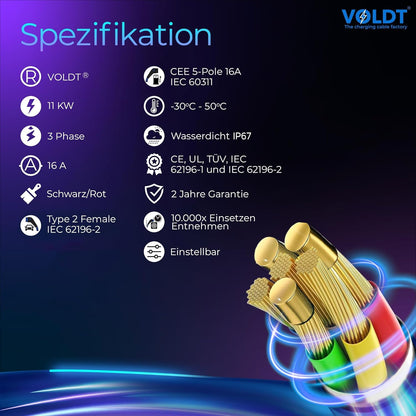 VOLDT Type 2 oplaadkabel, 11 kW, EV-oplader met CEE-stekker, 8 A - 16 A, driefasige mobiel Wallbox-laadstation met display, voor elektrische voertuigen, IP69, TÜV, CE-beschermd, draagbare oplader (10