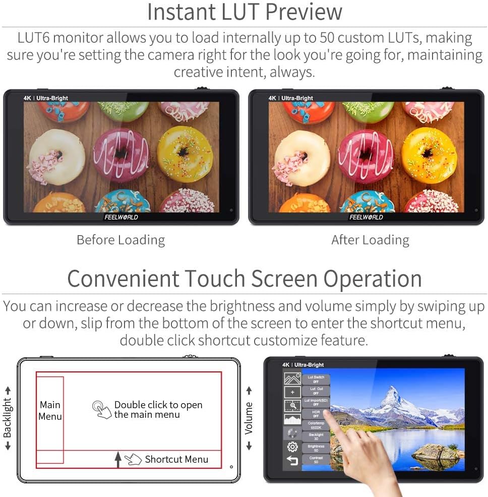 FEELWORLD LUT6 2600Nit Video Field Monitor 6 Inch TouchScreen Camera Monitor with 3D LUT, HD 1920x1080 IPS,4K HDMI Input/Loop Output,HDR Waveform,Focus Video Assist for DSLR - QUORE