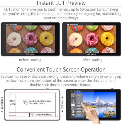 FEELWORLD LUT6 2600Nit Video Field Monitor 6 Inch TouchScreen Camera Monitor with 3D LUT, HD 1920x1080 IPS,4K HDMI Input/Loop Output,HDR Waveform,Focus Video Assist for DSLR - QUORE