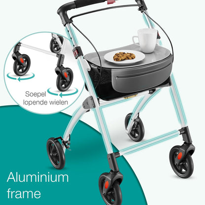 ELONEO Lichtgewicht Rollator voor Binnen - 54 cm Breed, Opvouwbaar Looprek met Dienblad en Stoffen Mandje, Smalle Rollator van Aluminium, Inklapbaar Mobiliteitshulpmiddel, Wit