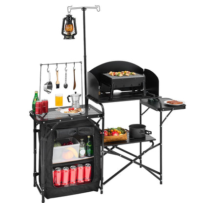 VEVOR Keukentafel voor camping buiten, aluminium, met opbergkast, draagtas, afneembare voorruit, geschikt voor barbecue, feest, picknick, reizen, camper, zwart